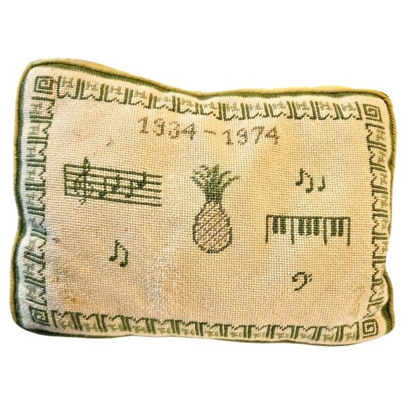 Vintage Needlepoint Pillow With Pineapple & Music Motif Olive Green & Beige - Picture 1 of 8